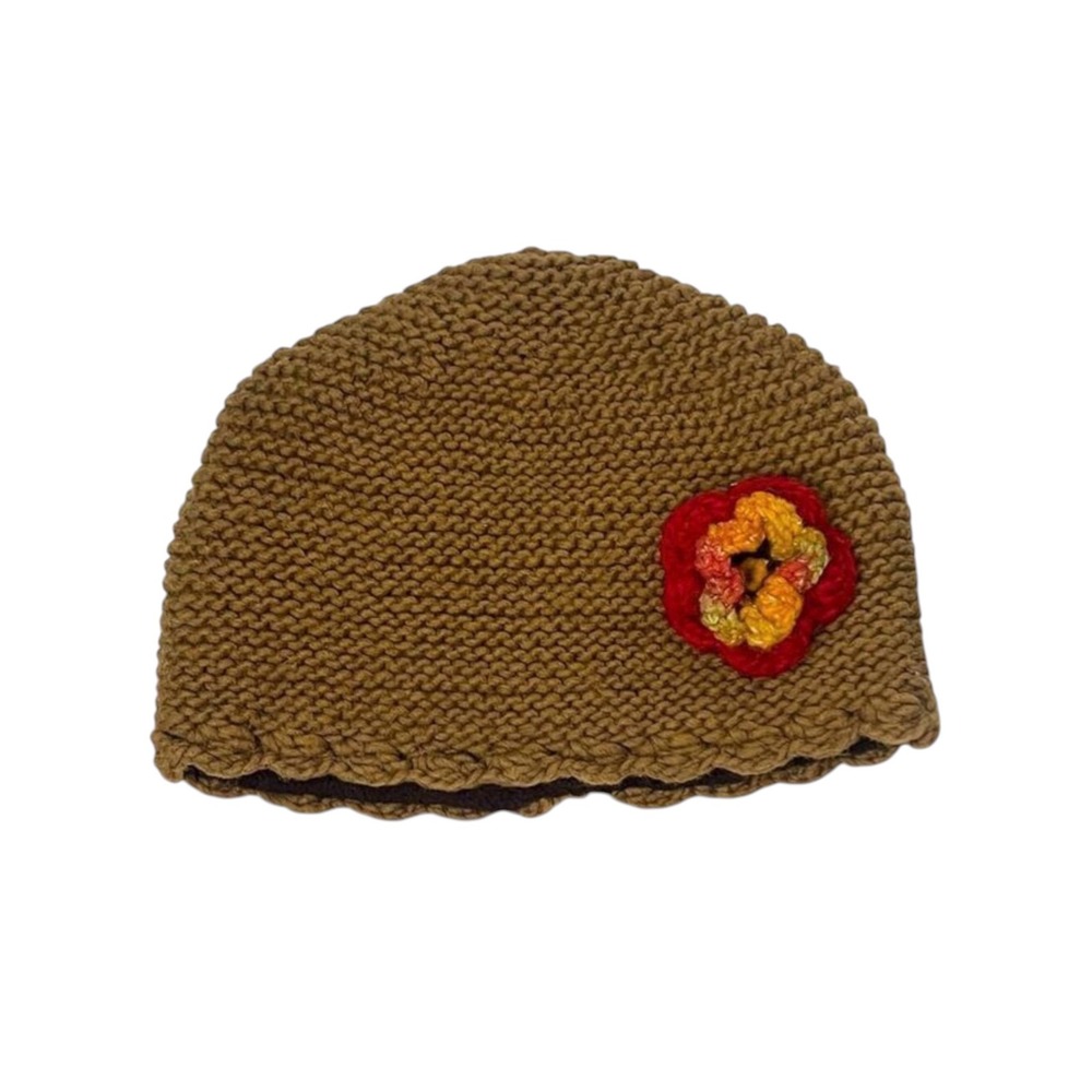ECC‎ 100% Wool Handmade Beanie Hat Flower Detail Brown Multi OS